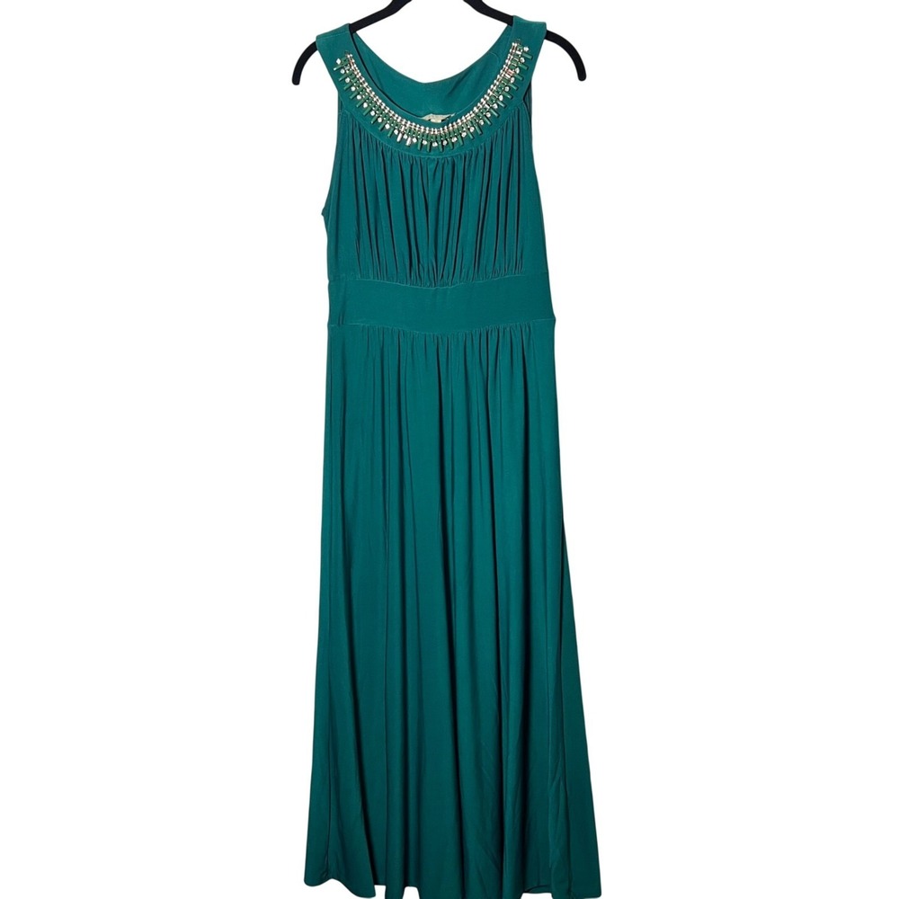 SANDIVA Teal Beaded Neckline Maxi Dress Women's Size M Sleeveless Empire Waist